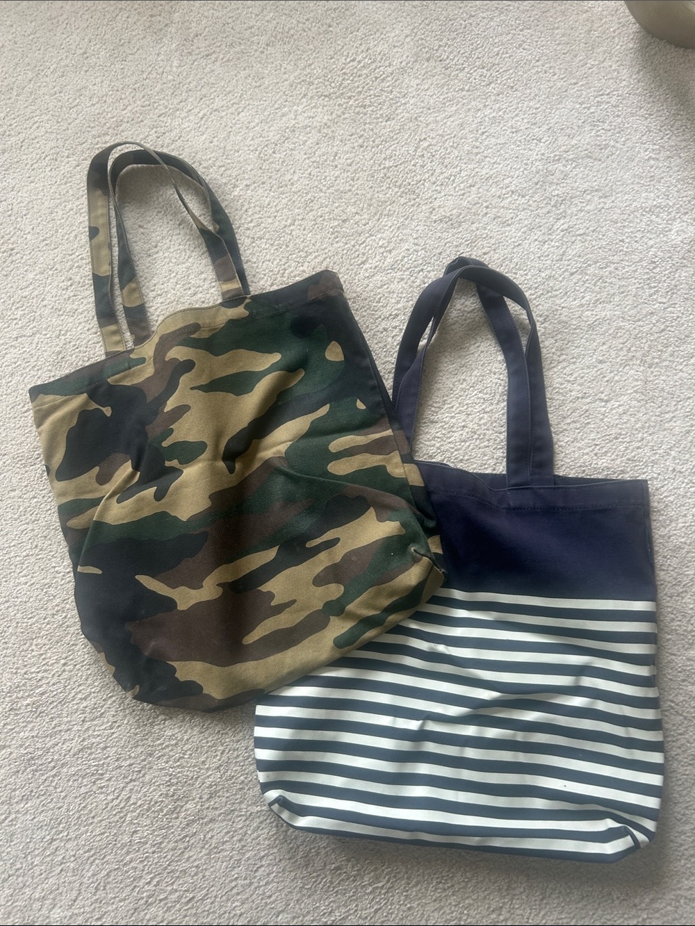 J Crew - Canvas Camouflage and Navy Blue and White Canvas Tote Bags
